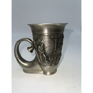 ZINN 5" Tall Stein Pewter Horn Cup Hunting Mountain Animals Scene